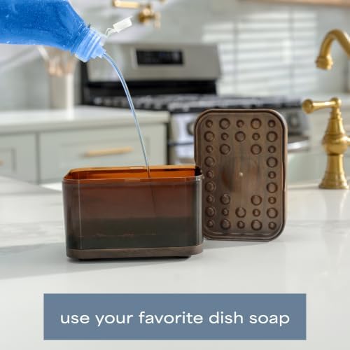 S&T INC. Dish Soap Dispenser and Sponge Holder, Walnut and Amber