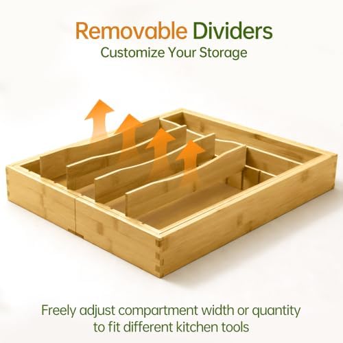 Bamboo Expandable Silverware Drawer Organizer, Removable Knife Block