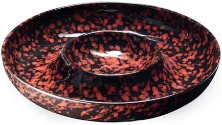 Ceramic Chips and Dip Serving Tray - Large Divided Party Bowl Set for Salsa, Veggies, Fruit & Snacks - Modern Minimalist Appetizer Platter with Unique Kiln-Change Glaze (Red Speckled)