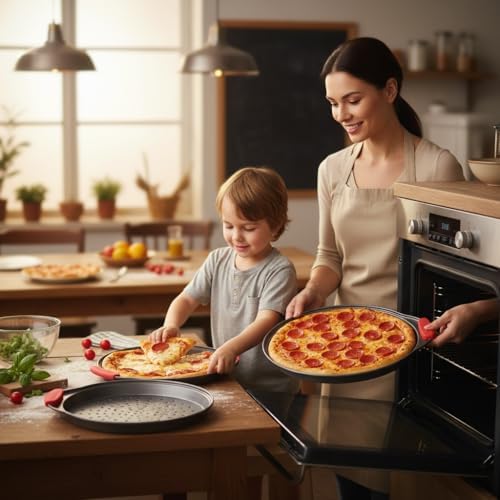 NutriChef 3-Piece Pizza Tray Set with Silicone Handles - Round