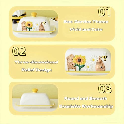HAN SHENG Ceramic Bee Covered Butter Dish with Lid for Butter Storage