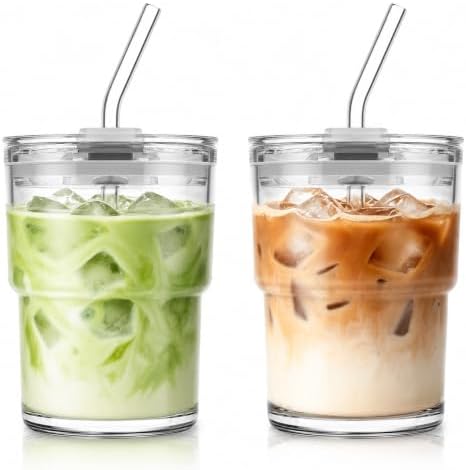 KEMORELA 13 oz Matcha Glass Cups with Lids and Straws, Iced Coffee