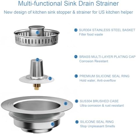 3-in-1 Kitchen Sink Stopper, Stainless Steel, Fits 3.5-Inch Drains