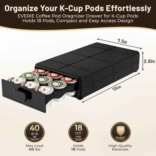 EVERIE Coffee Pod Organizer Drawer for Keurig K-Cup Pods, Holds 18 Pods - Compact, Easy-Access Design with Smooth Glide, Ideal for Small Spaces and Coffee Machines