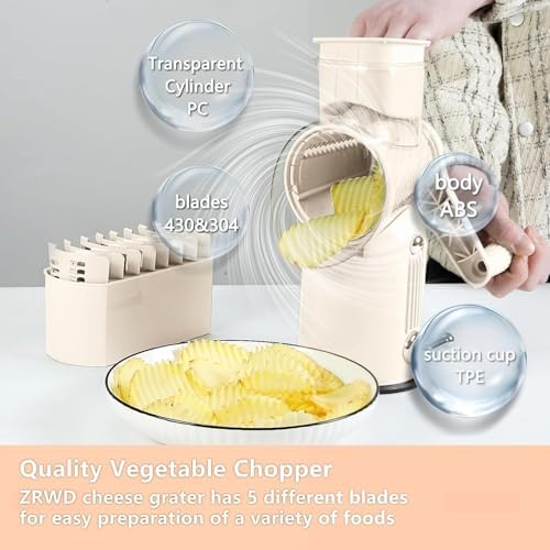 Rotary Cheese Grater with Handle, 5 Interchangeable Blades, White