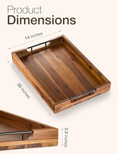 TIDITA 20"x14" Wooden Large Ottoman Tray, Serving Tray with Metal