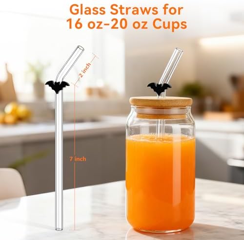 Black Bat Glass Straws with Charms, 8mm 9Inch Bent Straws for Gothic