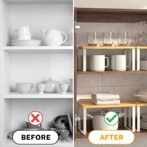 Kitchen Cabinet Organizer Shelf, Set of 4 Wood Kitchen Counter Shelves Riser with Metal Legs, Stackable Expandable Kitchen Storage Spice Rack, Can Cup Dish Organizer, Bamboo