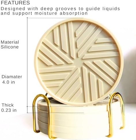 Silicone Coasters Set of 6 - with Gold Holder, smart Modern Grooved