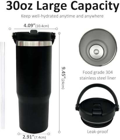 30 oz Tumbler with Handle, Water Bottle with Flip Straw, Black 1 pack