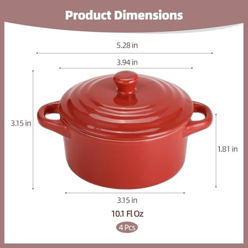 4 Pcs Red Ceramic Small Cocotte Set, 5.3 x 3.1 in Small Ramekins with