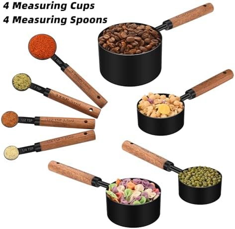 Wooden Handle Measuring Cups & Spoons Set 8-Piece – Stainless Steel