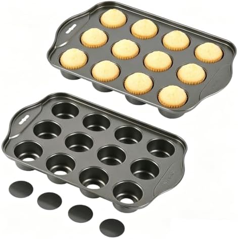 2 Pack Mini Muffin Pan with Removable Bottom, 12 Cavity Nonstick Mini