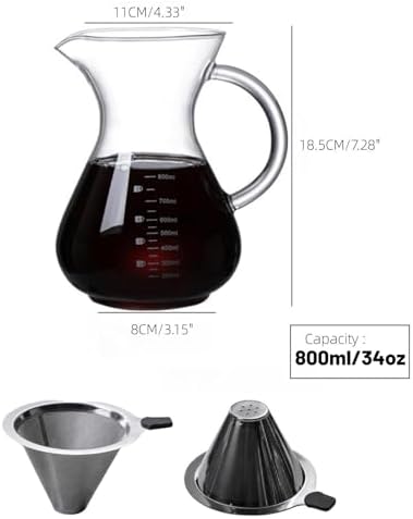 34oz Pour Over Coffee Maker with Stainless Steel Filter, Thickened