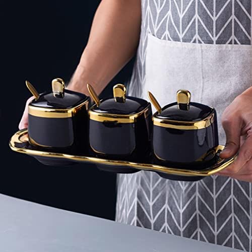 Black Sugar Bowl with Lid and Spoon,Ceramic Condiment Jars Spice