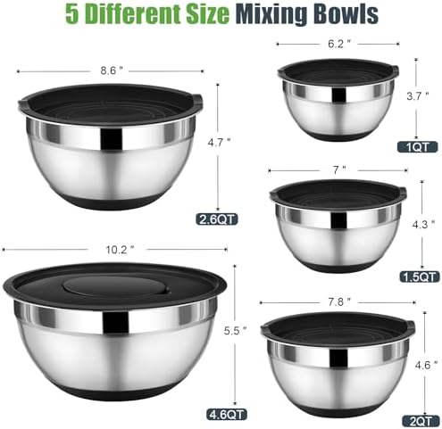 P&P CHEF Mixing Bowls with Lid Set, Nesting Bowl for Storing, Black