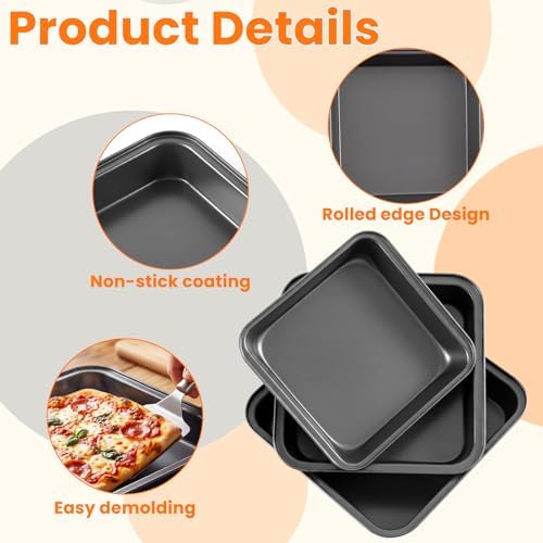 Hushee 3 Pcs Square Pizza Pans, 8, 9 and 10 Inch Carbon Steel Bakeware