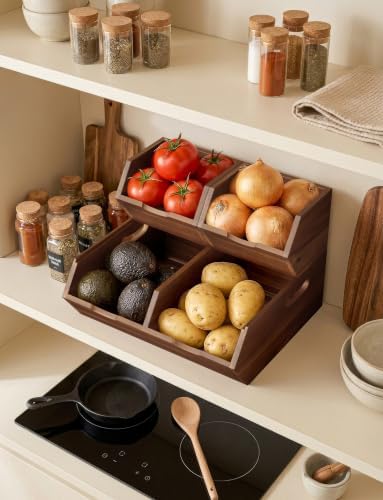 Tidita Wood Potato and Onion Storage Bin, Set of 3, Stackable, Walnut