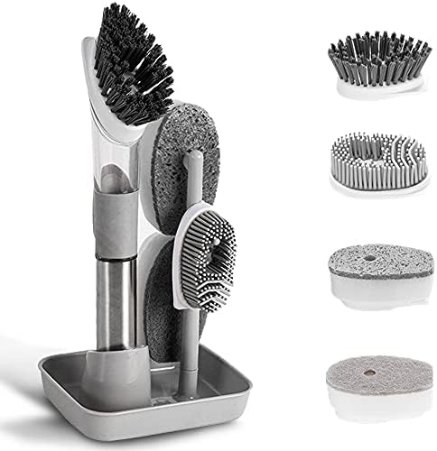 4-in-1 Dish Cleaning Brush Set with 4 Replacement Heads, Grey