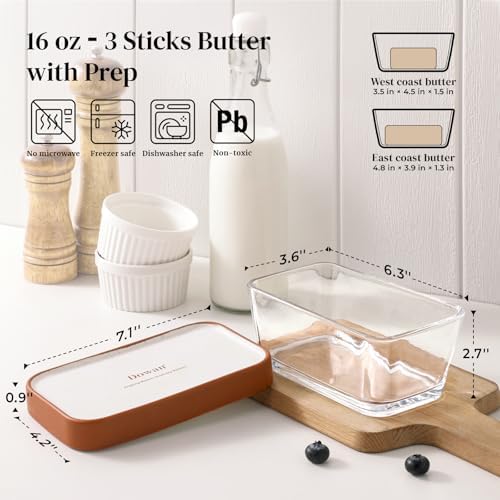 DOWAN Glass Butter Dish with Ceramic Lid, Large Butter Container for 3