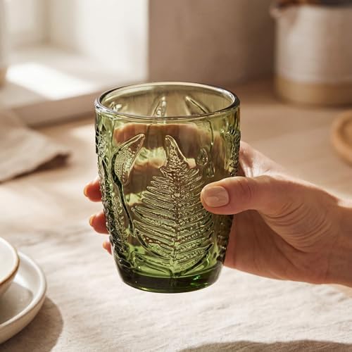 Green Drinking Glasses Set of 8 - 12 & 10 oz, Vintage Boho Fern Glass