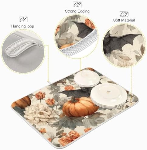 OTVEE Mystical Halloween Floral Art Dish Drying Mat for Kitchen