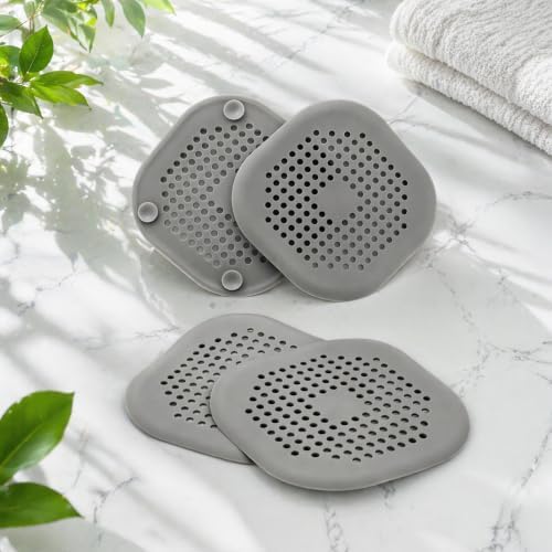 4-Pack Grey Silicone Shower Drain Hair Catchers, Square Drain Covers