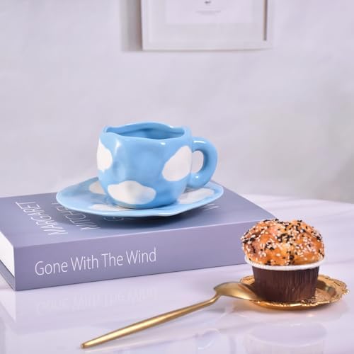 Koythin 10oz Cloud Ceramic Mug With Saucer, Light Blue Sky White Cloud