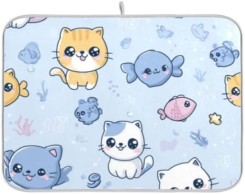OTVEE Sea Kitty Art Dish Drying Mat for Kitchen Counter Absorbent Heat