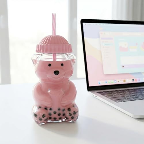 Glass Bear Cup,Bear Cup with Straw, 500ml Reusable Bear Glass Tumbler