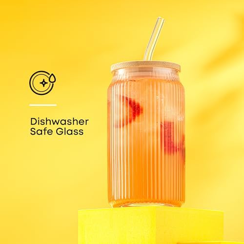 JoyJolt Fluted Glass Tumblers with Bamboo Lids and Glass Straws