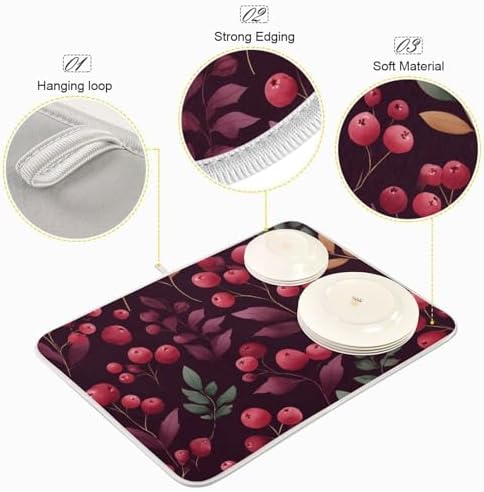 OTVEE Festive Berry Art Dish Drying Mat for Kitchen Counter Absorbent