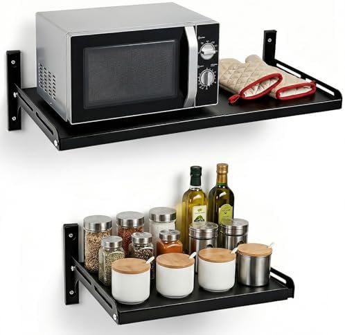 ABCOOL Expandable Wall-Mount Microwave Shelf with 4 Hooks