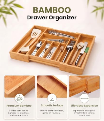 Expandable Bamboo Silverware Organizer, Kitchen Utensil Drawer
