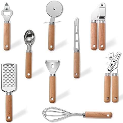 9pcs Kitchen Gadget Set with Wooden Handle, Stainless Steel Cooking
