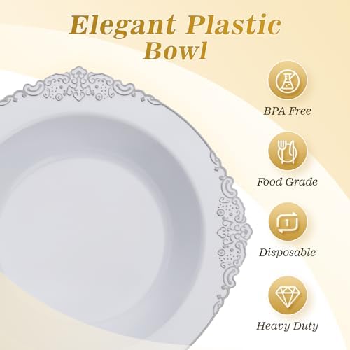 Bestluck 100 Pack White Plastic Bowls with Silver Relief Rim