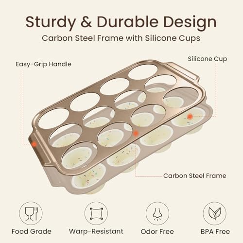 Silicone Muffin Pans for Baking with Metal Frame, 12-Cup Silicone