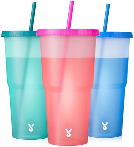 Meoky Plastic Cups with Lids and Straws - 3 Pack 40 oz Tumblers Bulk