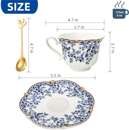 Set of 2 Porcelain Tea Cups and Saucers with Spoon, 6 Oz