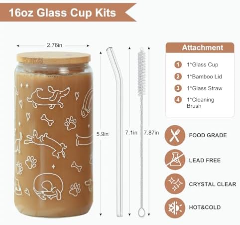 Dachshund Gift Glass Cup with Lid & Straw for Dog Lovers