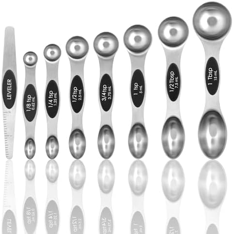 Magnetic Measuring Spoons Set of 8 with Leveler, Stainless Steel Metal