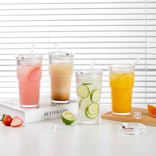 Wells 20oz Glass Cups with Lids and Straws, Ribbed Iced Coffee Cups