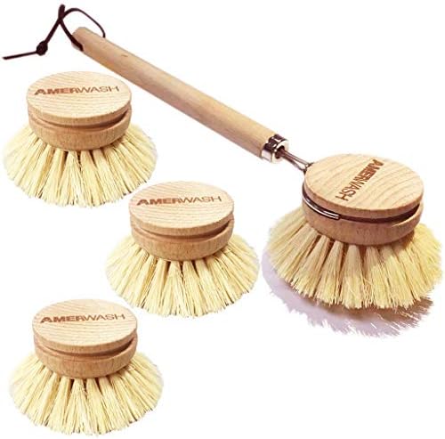 AMERWASH PLUS Dish Brush, Wooden Handle, 3 Replacement Heads