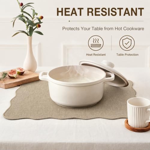 AHHFSMEI Faux Linen Placemats Set of 6 Scalloped Washable Heat