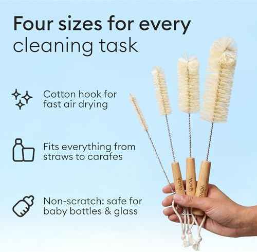 Vove Bottle Brush Set, 4 Natural Sisal Brushes, Bamboo Handles