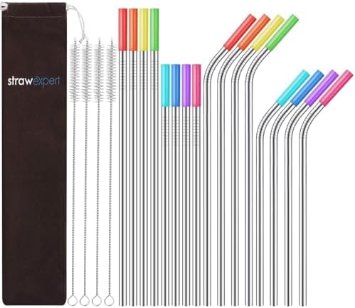 StrawExpert Set of 16 Reusable Stainless Steel Straws with Travel Case