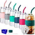 ColoVie Glass Cups with Lids and Straws, Iced Coffee Cup, Drinking