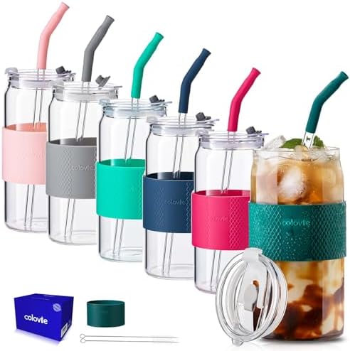 ColoVie Glass Cups with Lids and Straws, Iced Coffee Cup, Drinking
