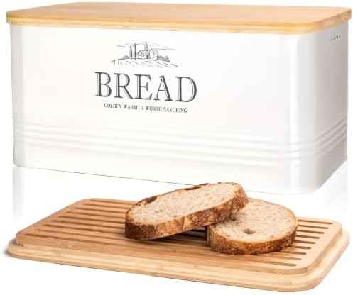noonberry Metal Bread Box for Kitchen Countertop, Bamboo Lid, Farmhouse