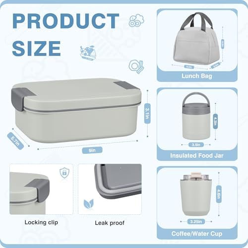 Bento Lunch Box Set with 10.5oz Soup Thermo Food Jar, Grey
